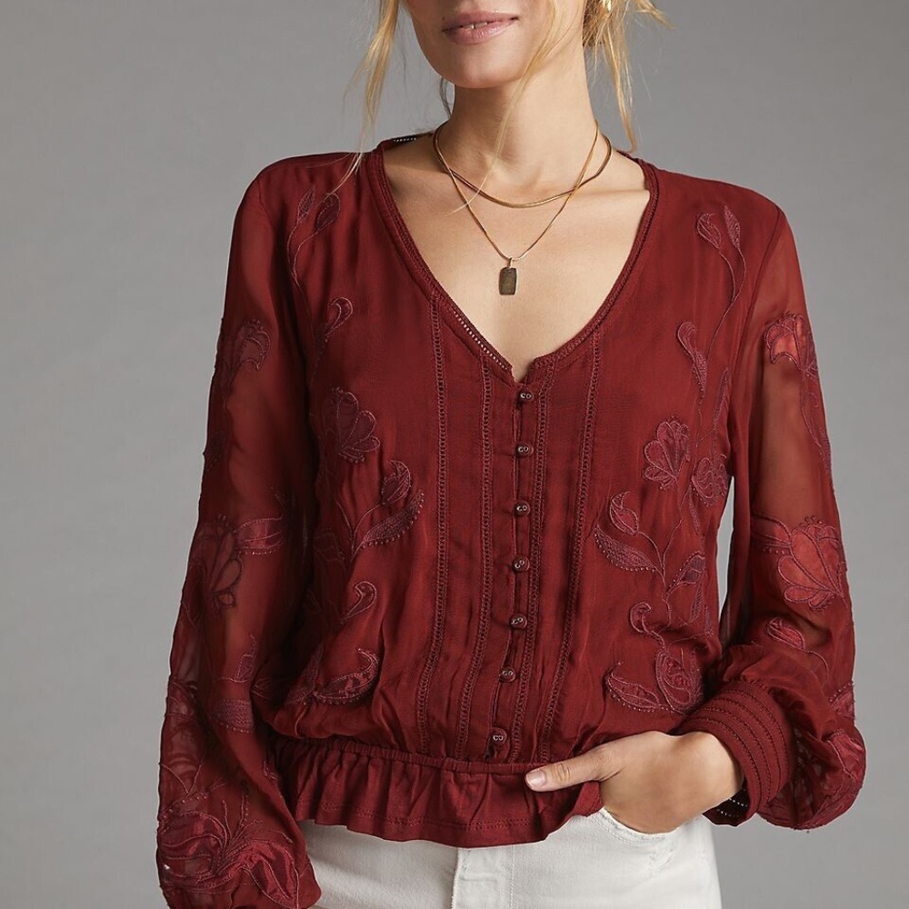 COPY - Anthropologie Embroidered Floral Buttondown Blouse Sz. XL